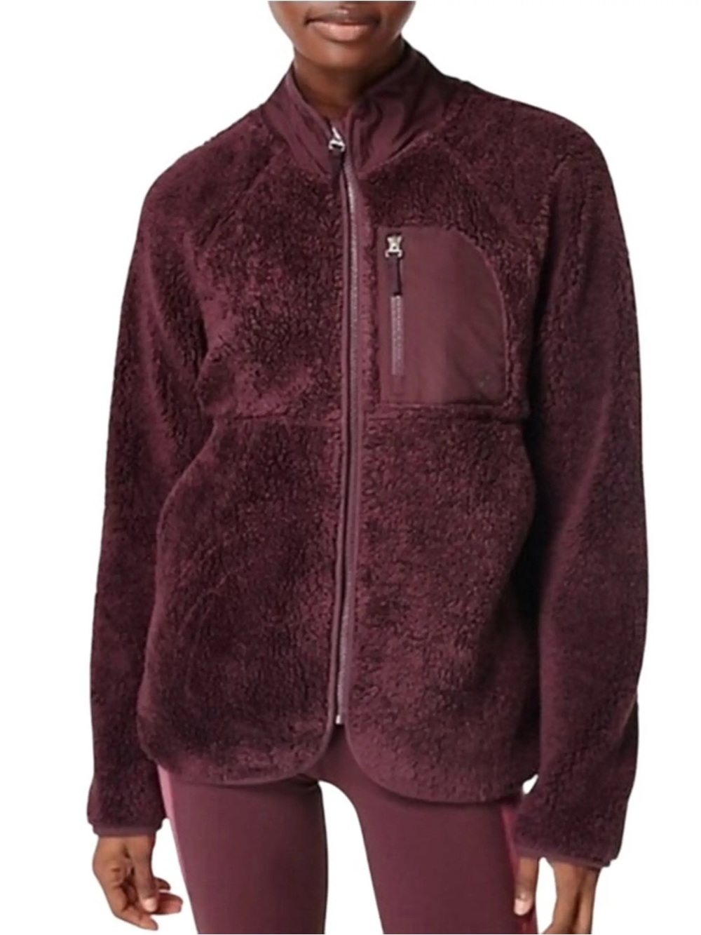Sweaty Betty Pennine Fleece Jacket Full Zip Sherpa Teddy Maroon Red Size 8 M
